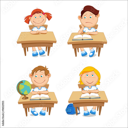 Boys and girls, schoolchildren, sitting at the table. Vector illustration isolated on white background