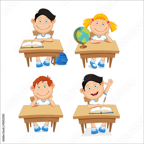 Boys and girls, schoolchildren, sitting at the table. Vector illustration on a white background