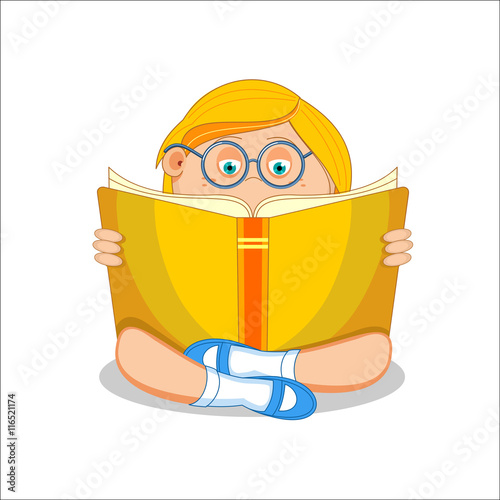 Girl reading open book sitting on floor, vector illustration.