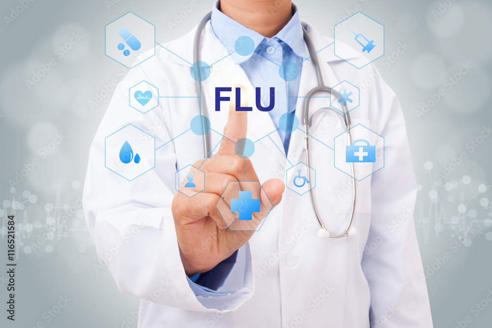 Doctor hand touching FLU sign on virtual screen. medical concept Doctor hand touching FLU sign on virtual screen. medical concept