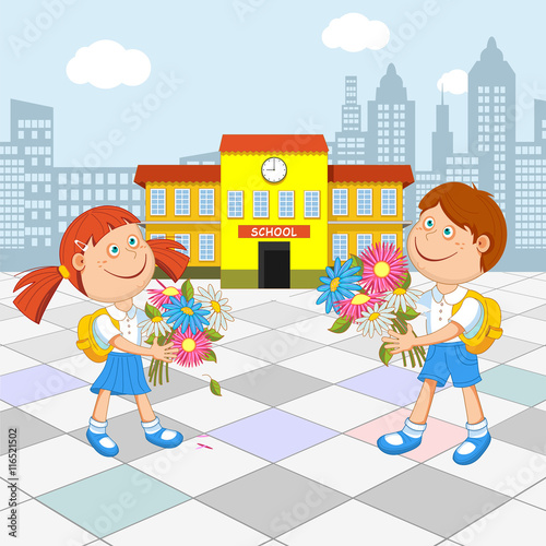 Girl schoolgirl and boy student with a bouquet in hand, go to school, vector illustration