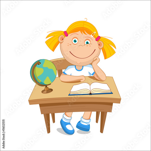 Girl schoolgirl sitting at the table, resting his hand cheek. Vector illustration
