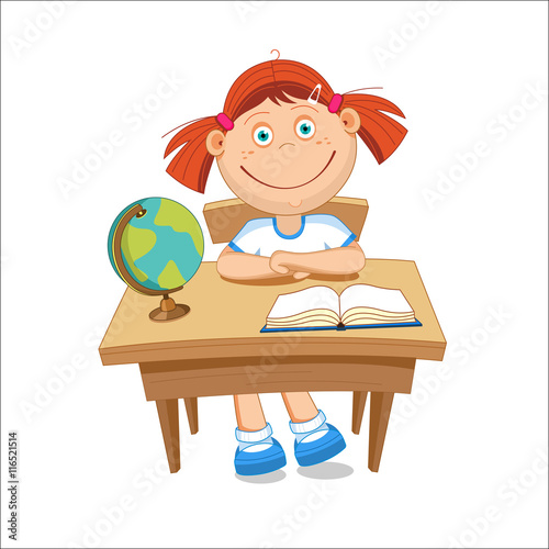 Girl schoolgirl sitting at the table. On the table book globe. Vector illustration