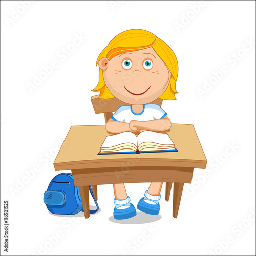 Girl schoolgirl sitting at the table. Vector illustration.