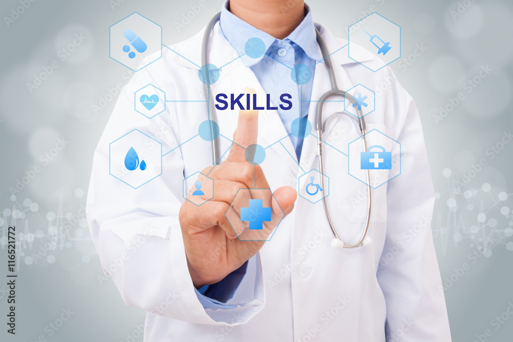 Doctor hand touching SKILLS sign on virtual screen. medical concept Doctor hand touching SKILLS sign on virtual screen. medical concept