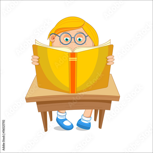 Girl with glasses, reading open book, sitting at the table, vector illustration