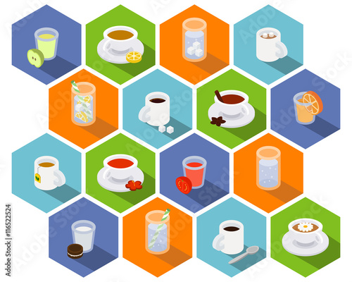 Isometric drinks and beverages icons in flat design