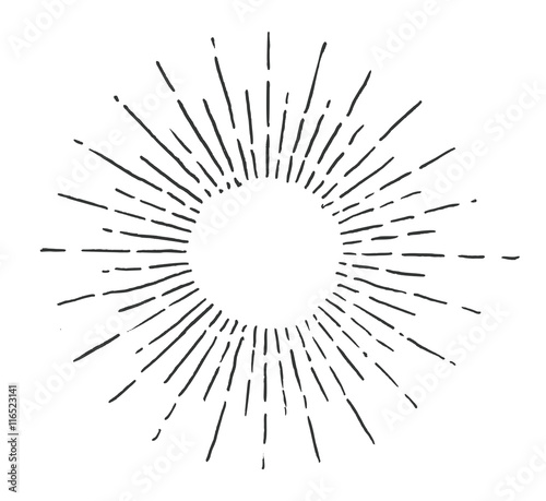 Linear drawing of sun. Vintage style of the image. Hipster style. Light rays of burst. Handdrawn vector illustration photo