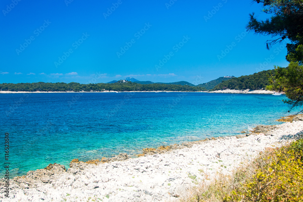 Turquoise blue lagoon on the island of Losinj, Croatia, seaside landscape 