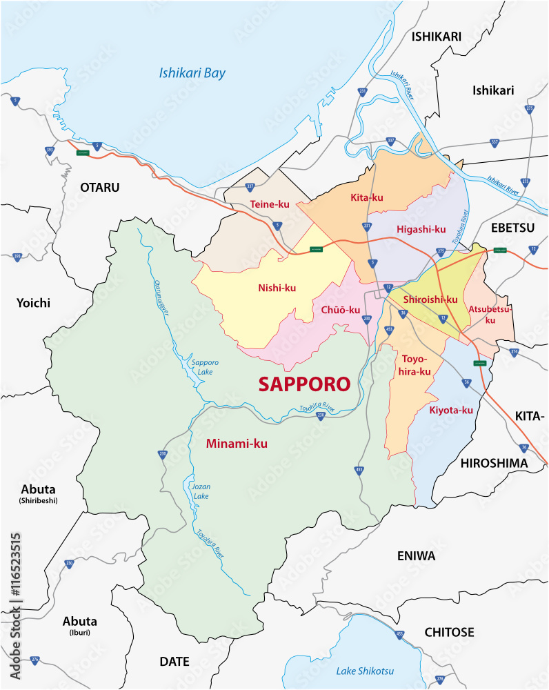 road administrative and political map of the Japanese city sapporo