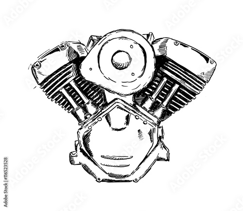Vector ink sketch of  motorcycle engine. Retro hand sketched illustration