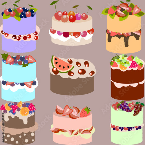 Set of delicious vector cakes with fruits and berries