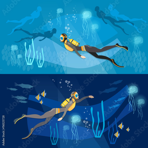 Diving banners underwater people diver silhouettes