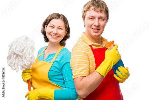 happy couple is ready to clean, the portrait on a white backgrou