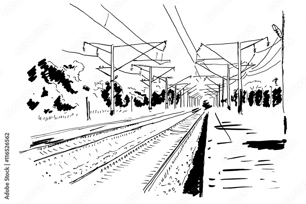Vector Curved endless Train track. Sketch of rails and rail station illustration