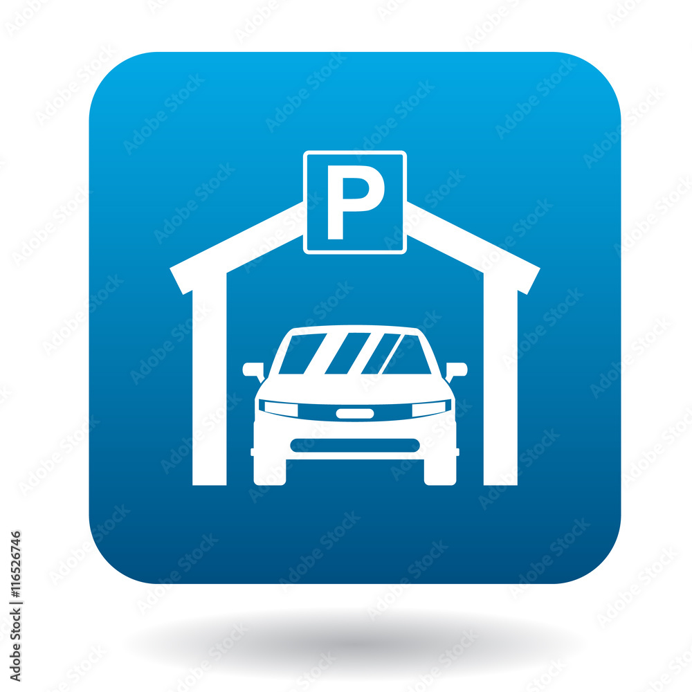 Car parking icon in simple style in blue square. Transport and service symbol Car parking icon in simple style in blue square. Transport and service symbol