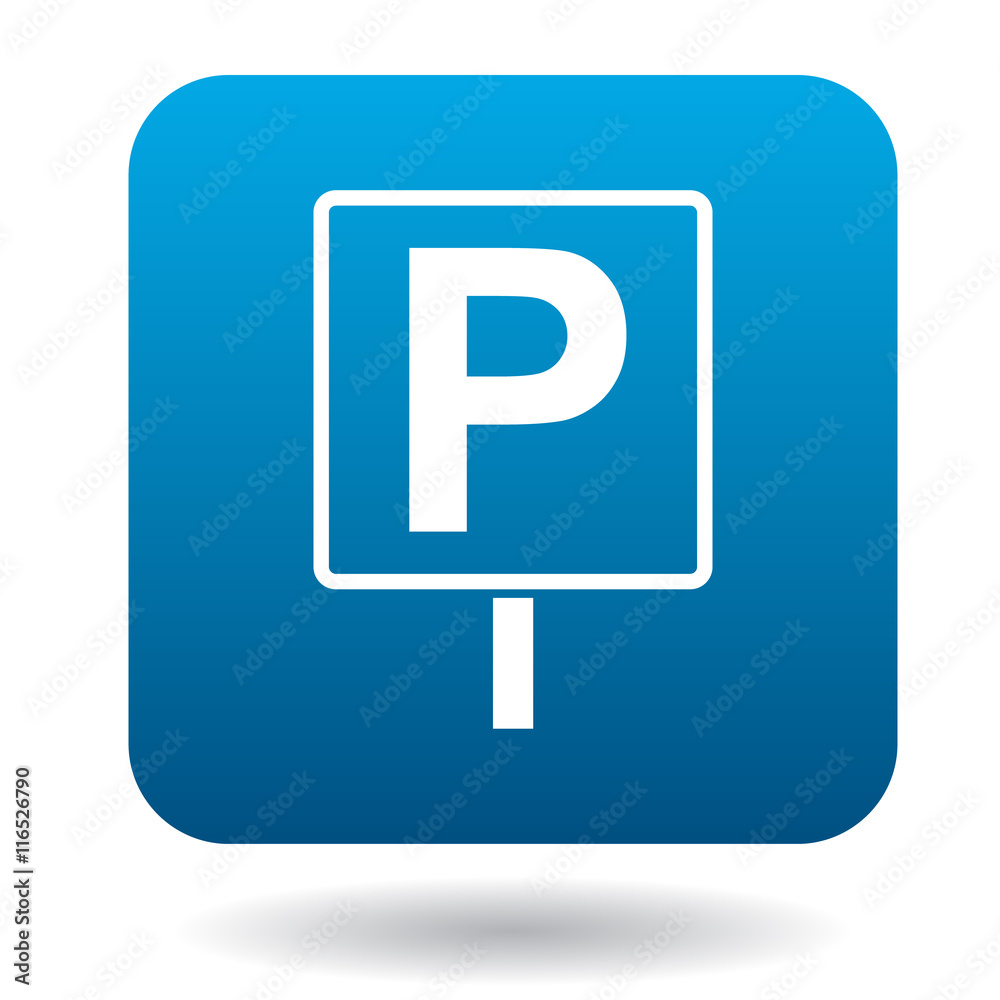 Parking sign icon in simple style in blue square. Transport and service symbol Parking sign icon in simple style in blue square. Transport and service symbol