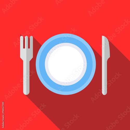 Plate with fork and knife icon in flat style with long shadow. Dishes symbol