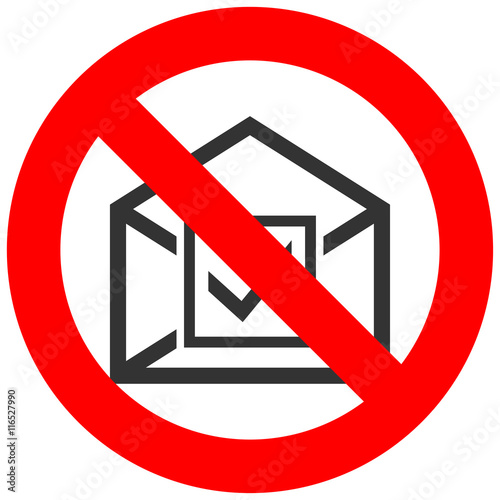 Prohibition sign with checked mail icon isolated on white background. Checked mail is forbidden vector illustration. Email is not allowed image. E-mail is banned.