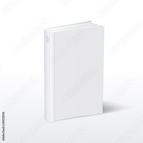 Blank vertical white softcover book standing on table perspective view. Mockup book for education and publish, vector book with hardcover illustration