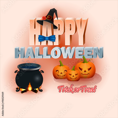 Holiday, design background with stylized 3d text, magic cauldron and pumpkins for Halloween, event celebration