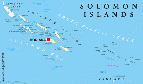 Solomon Islands political map with capital Honiara on Guadalcanal. Sovereign country consisting of six major islands in Oceania between Papua New Guinea and Vanuatu. English labeling. Illustration. photo