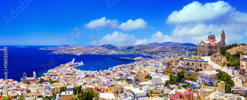 Syros island - panoramic view with church and port, Ermoupoli. Greece