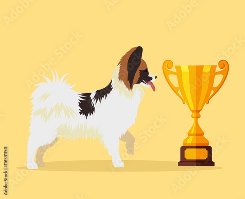  Papillon dog character champion with gold cup. Vector flat cartoon illustration