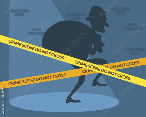Thief character with bag of money. Crime scene. Vector flat cartoon illustration
