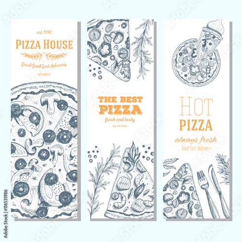 Pizza banner design template. Flyer design collection. Vector illustration drawn with ink. Vertical vintage banner set.