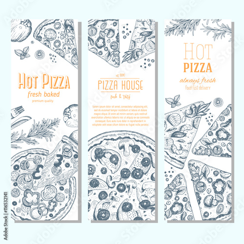 Pizza banner design template. Flyer design collection. Vector illustration drawn with ink. Vertical vintage banner set.