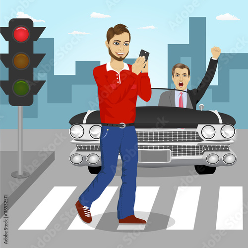 Young man crossing street sending sms while angry driver in black convertible car yelling at him