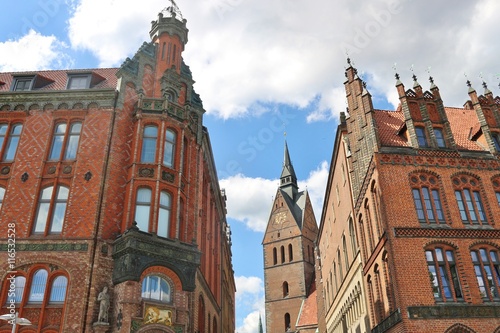 Old Town Hall, Town House and Market Church in Hanover, North Germany, Europe. The Houses are built in Brick Architecture.