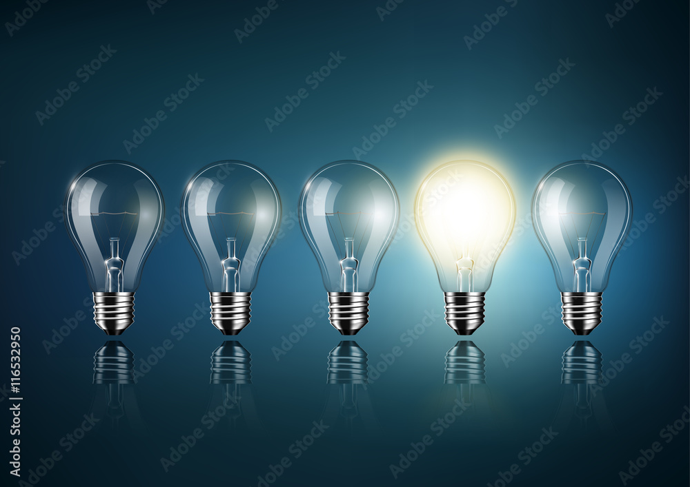 Glowing light bulb is among a lot of turned off light bulbs on dark blue background , concept idea , Transparent Vector Glowing light bulb is among a lot of turned off light bulbs on dark blue background , concept idea , Transparent Vector