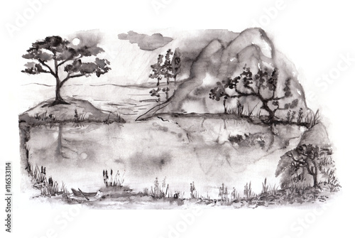 Lake with trees in fog. Traditional Japanese ink painting sumi-e on white background.