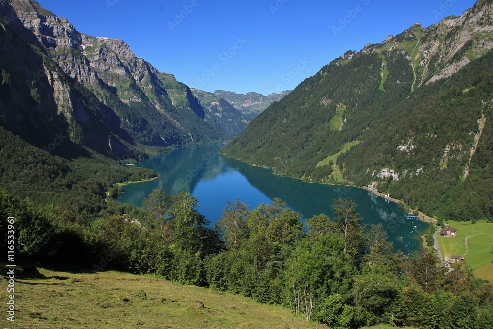 Turquoise lake Klontalersee, view from Schwammhohe