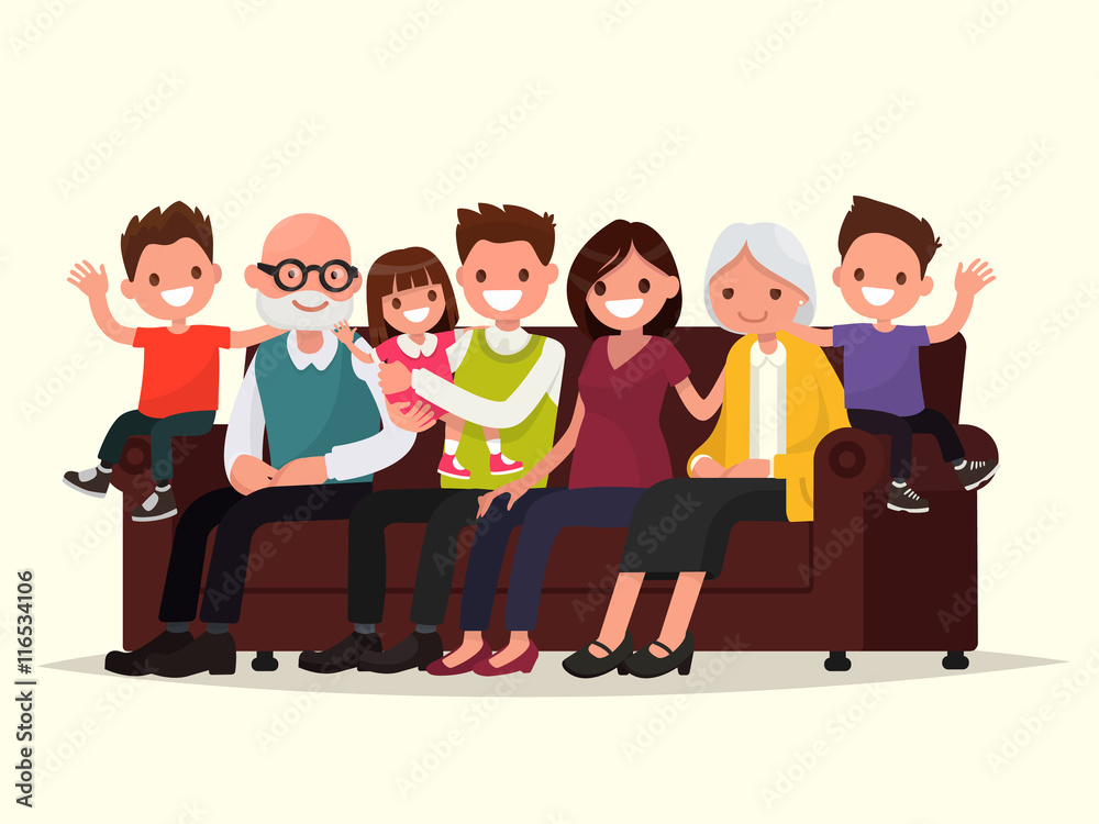 Obraz premium Big family sitting on the sofa. Grandfather, grandmother, father