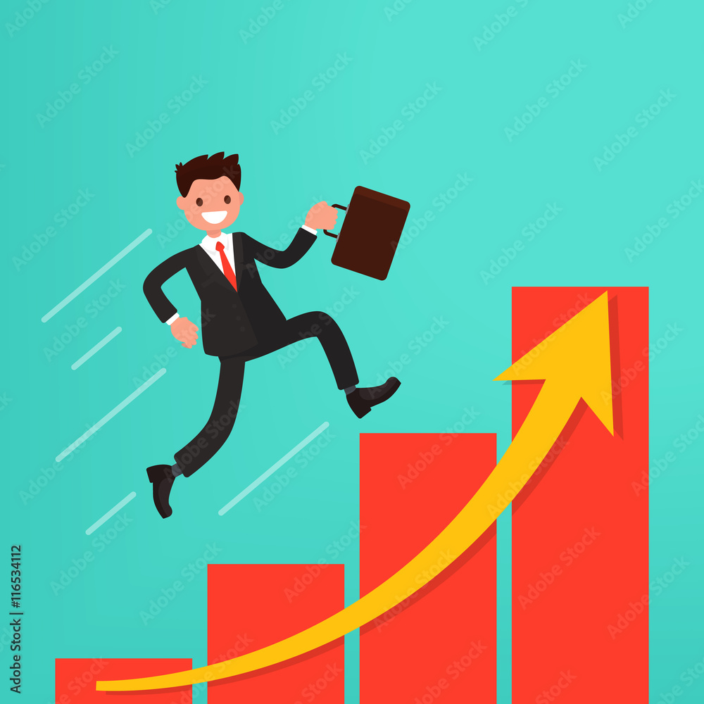 Concept of career growth or path to success. Businessman runs up Concept of career growth or path to success. Businessman runs up
