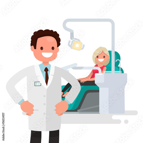 Dental office. Dentist and patient girl. Vector illustration