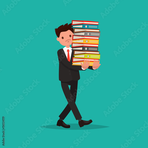 Employee carries a large stack of documents. Vector illustration