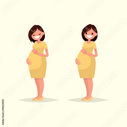 Motherhood. Pregnant woman posing. Happy expectant mother. Vecto