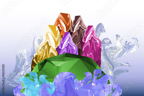 Abstract futuristic landscape with green island, stylized houses and water waves. The flooded city on the island