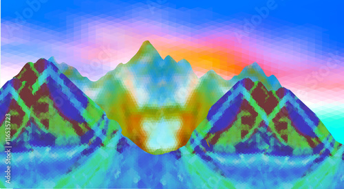 Abstract surreal mountain landscape of polygonal shapes. Blue, brown, green and orange fantastic landscape