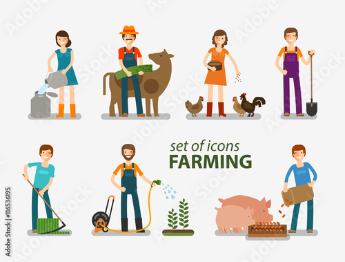 Farming and cattle breeding set of icons. People at work on the farm. Vector illustration