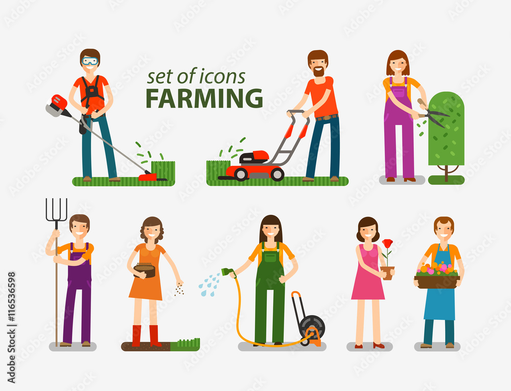 Farming and gardening, horticulture set of icons. People at work on the farm. Vector illustration