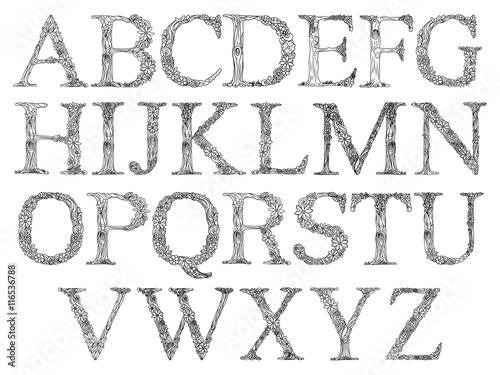 Floral font coloring book for adults vector