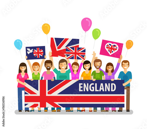England. Happy crowd of people with placards at the city festival. Vector illustration