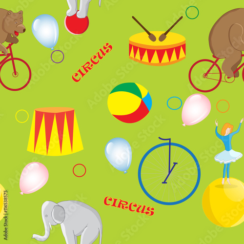 Seamless pattern on the theme of a circus bear on a red bike