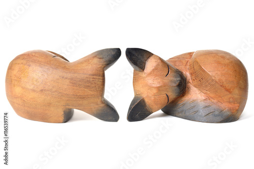 Back view and front view of Thai wooden cat on white background