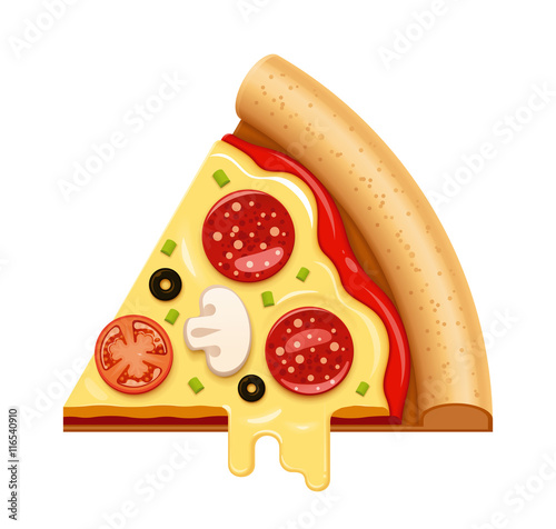 Vector hot pizza slice with sticky cheese and salami icon